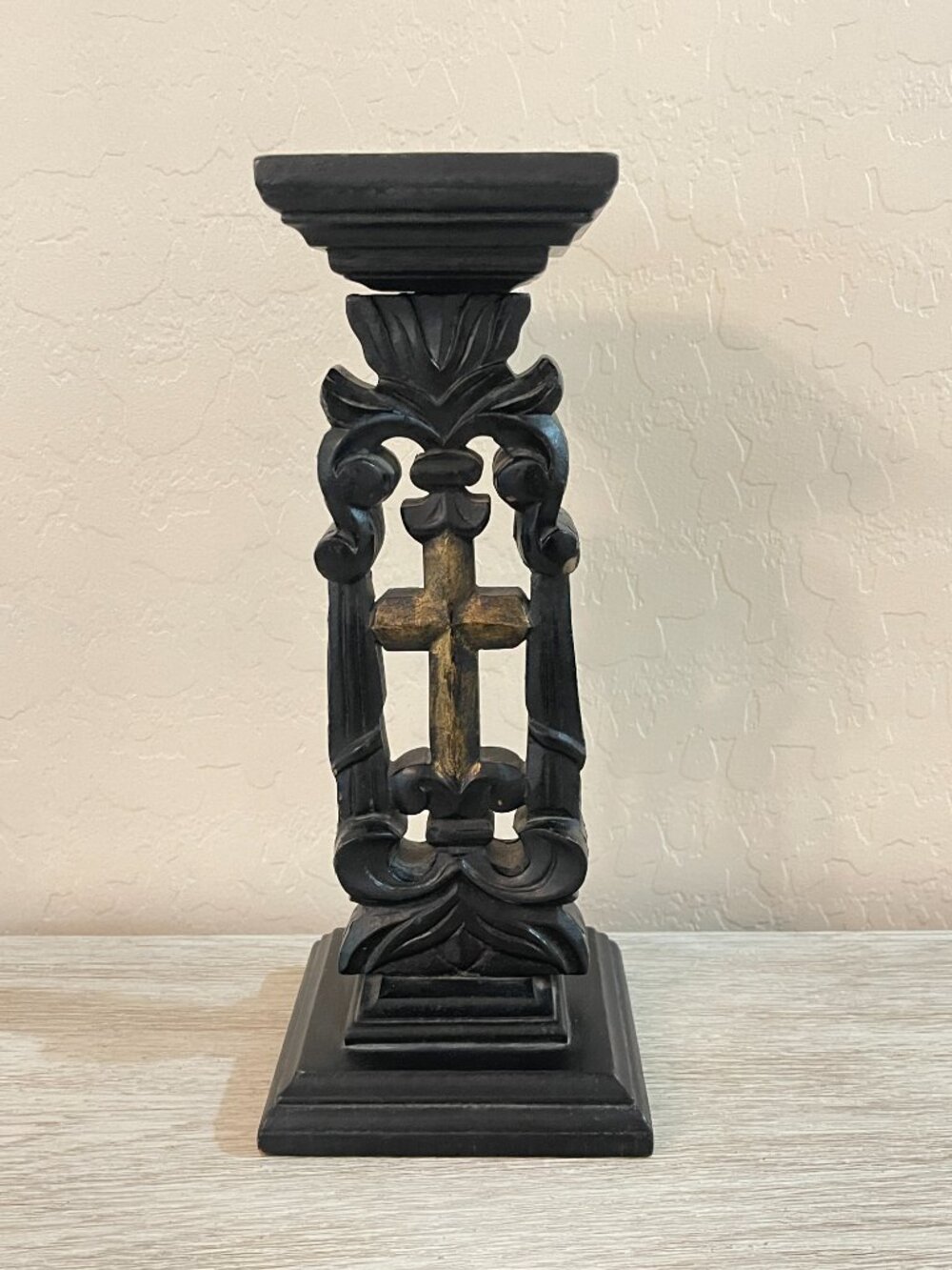 Vintage Black Candle Holder with Gold Cross Accent
